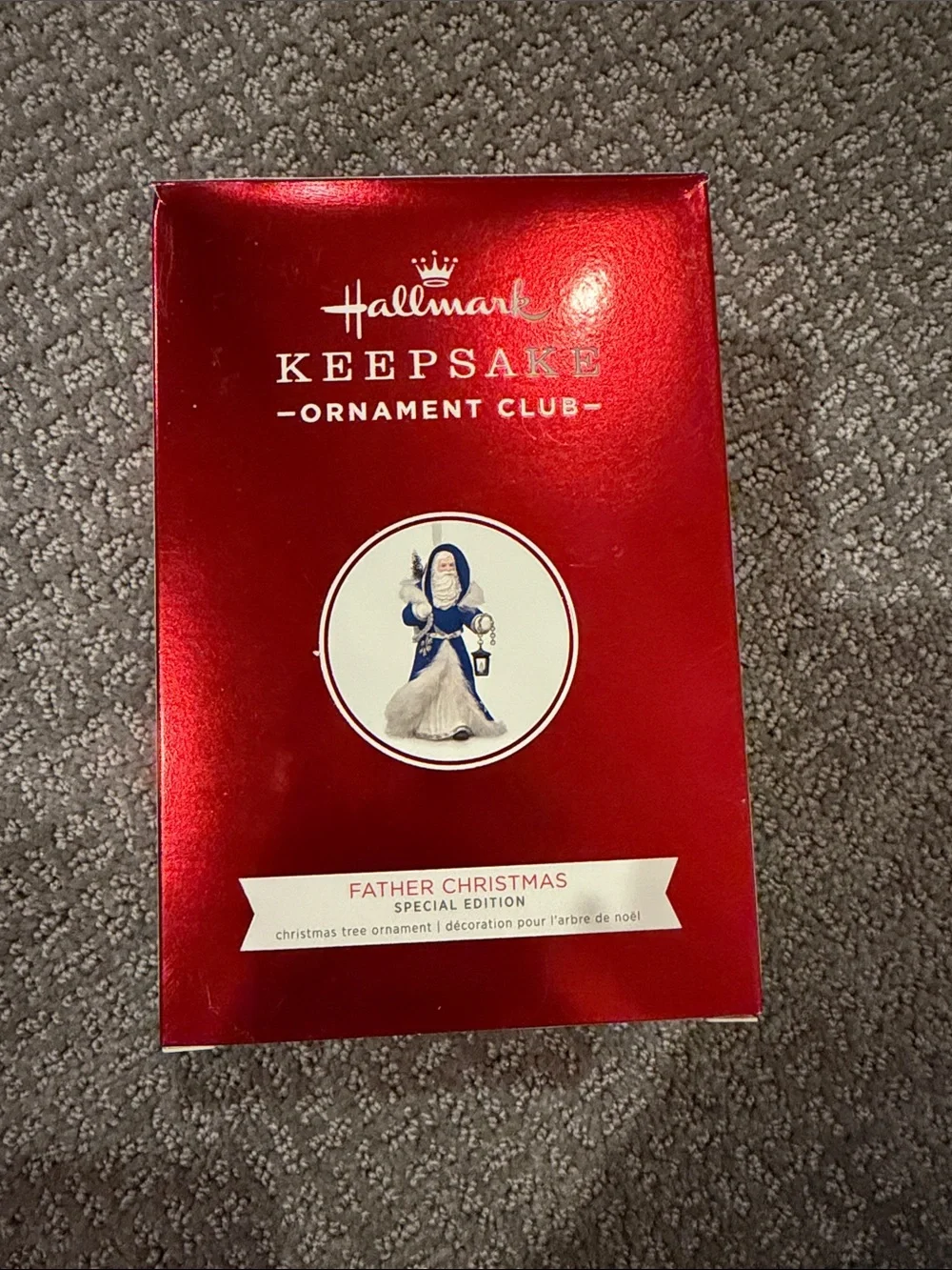 Hallmark Keepsake Ornament Club Shiny Red Gift Box with Navy Accent